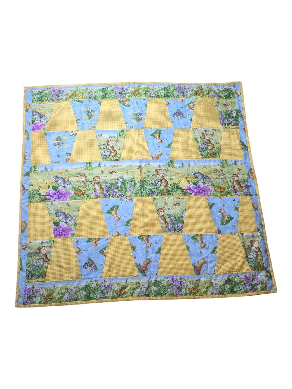 Handmade Bunny Butterfly Patchwork Baby Blanket Yellow Gingham | 36x38.5